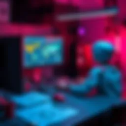 A small game development team works on a computer to create a custom rigging tool for animations in Godot, with sketches and designs on the desk.