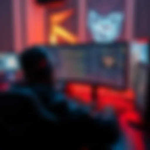 A game developer working on a computer, creating a custom game engine with code on the screen and game graphics visible