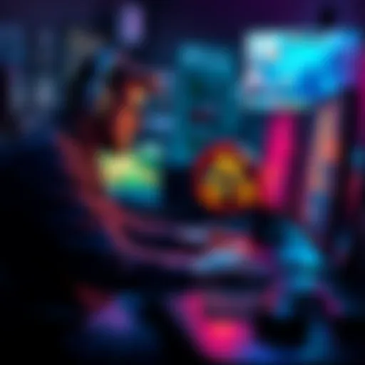 A game developer focused on coding at a computer desk, surrounded by game design tools and artwork.