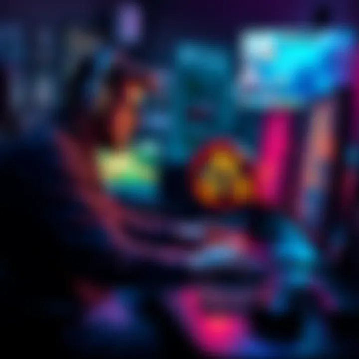 A game developer focused on coding at a computer desk, surrounded by game design tools and artwork.