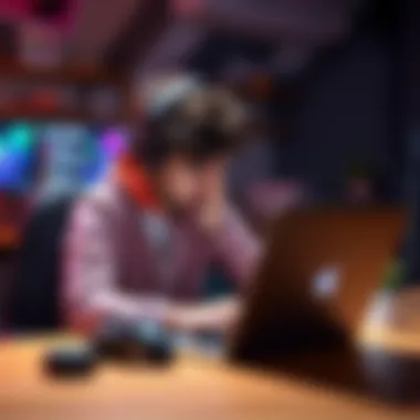 An aspiring game developer sits at a desk with a laptop, looking stressed and lost in thought while promoting their game.