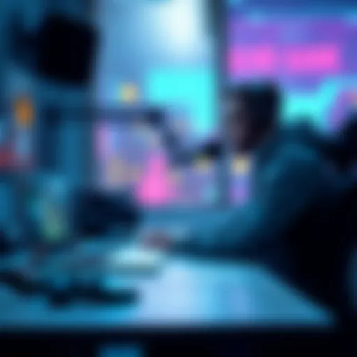 A solo game developer sitting at a desk with a microphone, recording their feedback on an indie game, with a laptop displaying a web demo on the screen.