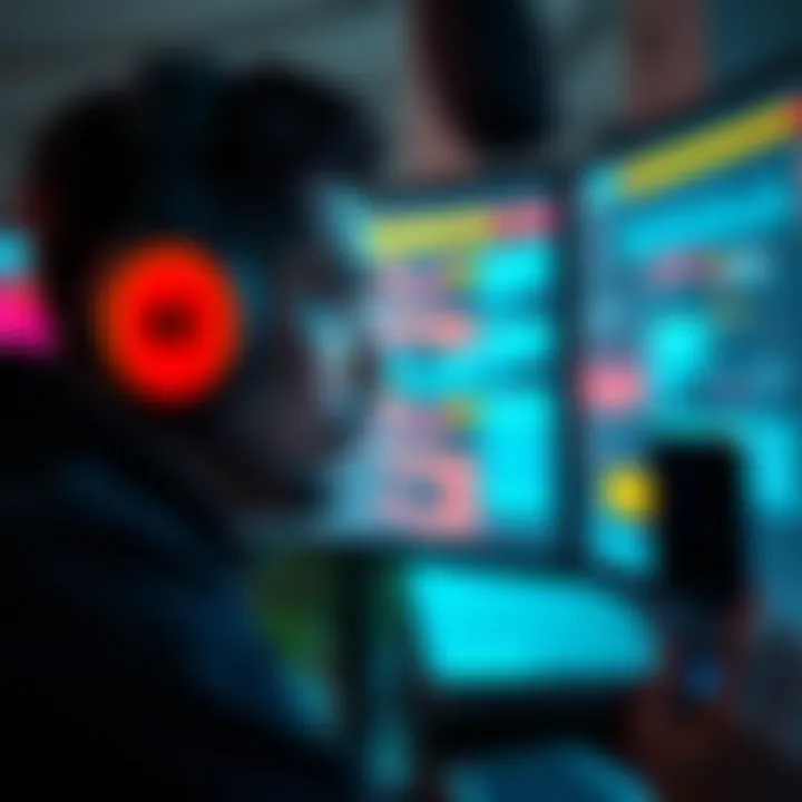 A game developer looks at a screen filled with player feedback and design elements, weighing options on when to impose limits in game design