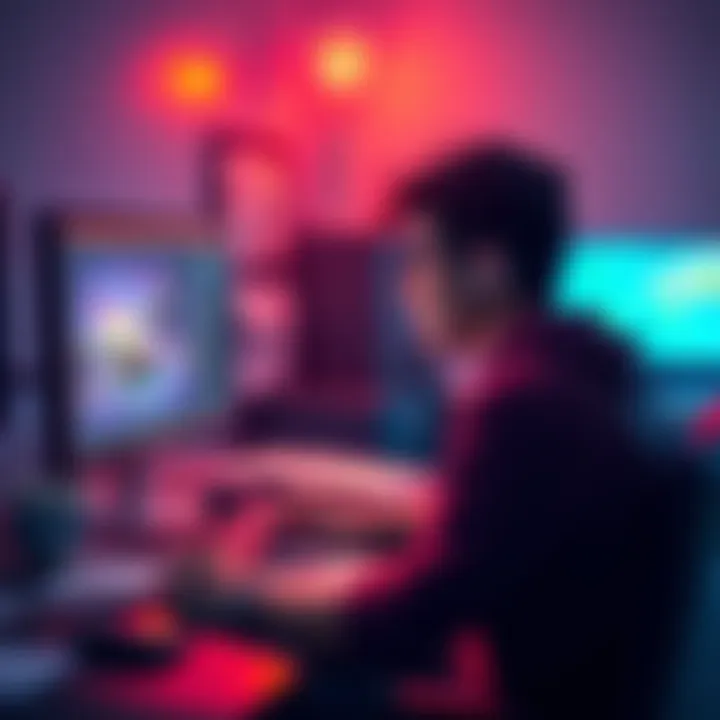 A game developer looks at a computer screen, pondering over a game demo before its launch, surrounded by feedback notes and sketches.
