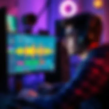 A game developer looks at sound design elements on a computer screen while holding a headset, inviting feedback for improvements.