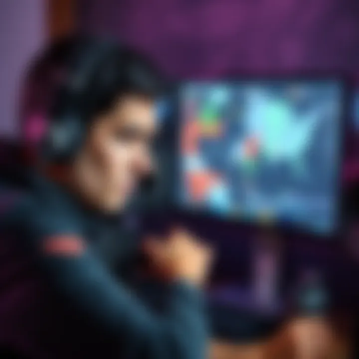 A game developer looks concerned while comparing two game designs on a computer screen, showcasing a sense of rivalry and emotional struggle.