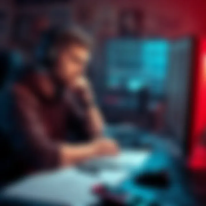 A frustrated game developer sitting at a computer, surrounded by sketches and notes, staring at the screen, showing signs of struggle with motivation.