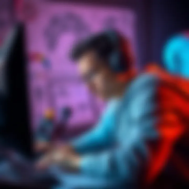 A game developer looks frustrated at their computer screen with game design sketches scattered around.