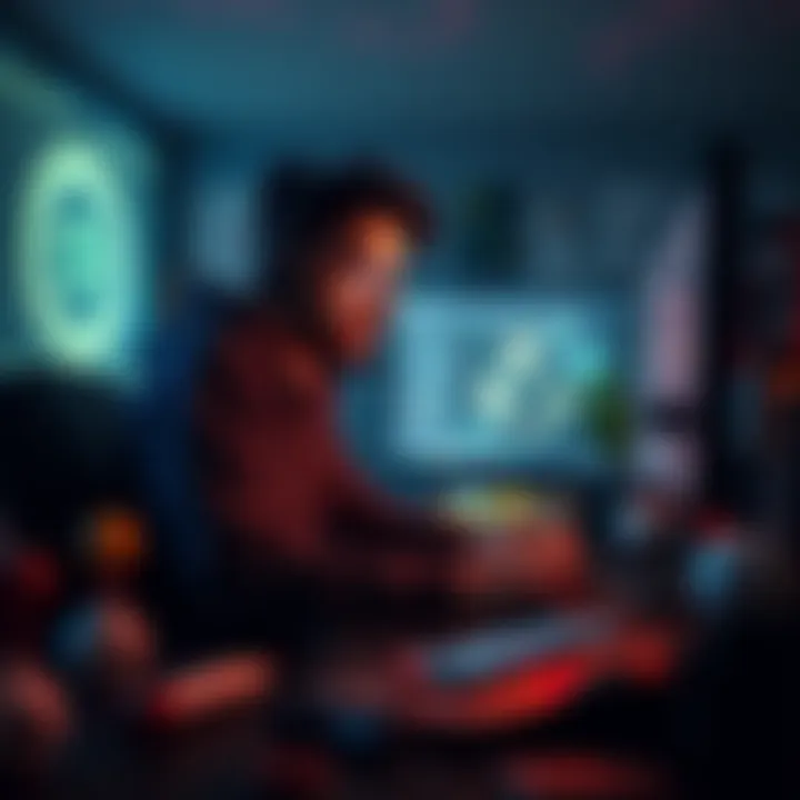 A game developer creating a horror game using Godot and GDscript, surrounded by Blender models and sound design tools.