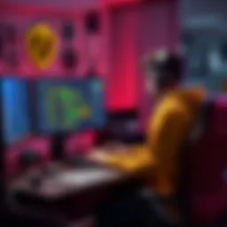 Game Developer Learning to Code A game developer sitting at a desk, focused on coding with C# and Luau on a computer screen, surrounded by game design elements.