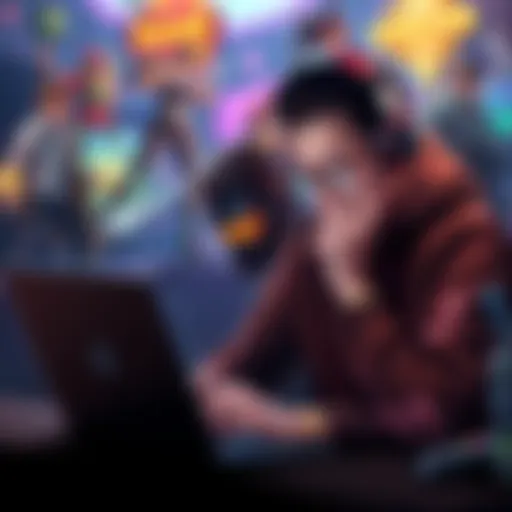 A game developer thoughtfully analyzing marketing options on a laptop, surrounded by game characters and visuals.