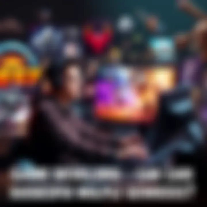 A game developer working on different game genre designs on a computer, surrounded by various game art and concepts.