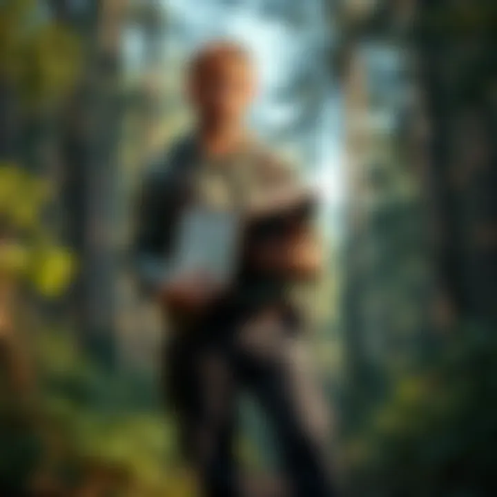 An aspiring game developer stands in a forest, holding a sketchbook filled with ideas for survival game mechanics, surrounded by nature and tools for crafting.