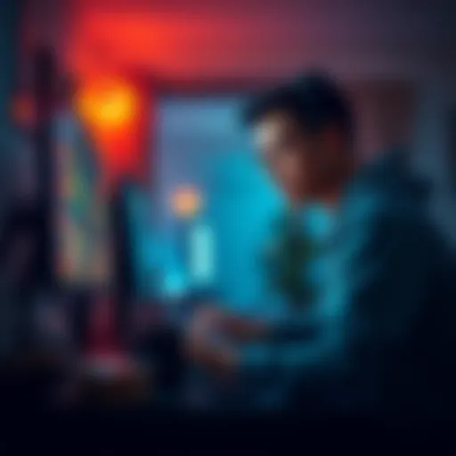 A game developer in a dimly lit room focused on their computer screen, with snacks and coffee nearby.