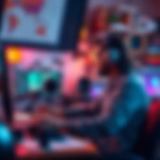 A game developer brainstorming ideas at a desk, surrounded by sketches and gaming equipment.