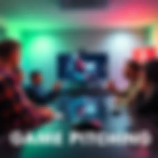 A game developer presenting a game concept and prototype to studio executives in a meeting room