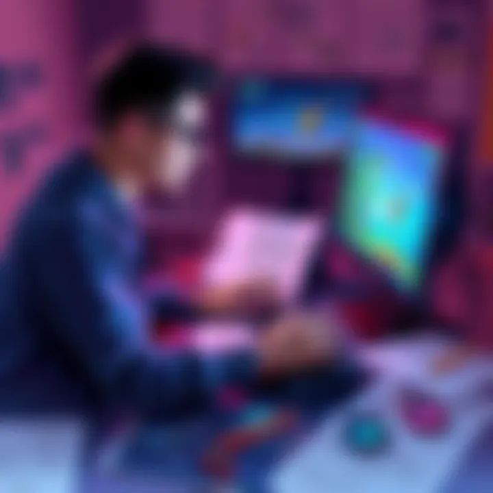 A game developer works on a computer, designing original pixel art for a video game, surrounded by sketches and design tools.