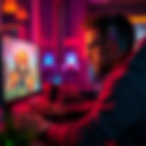 A game developer focused on their computer, enjoying their own video game creation with vivid graphics on the screen.