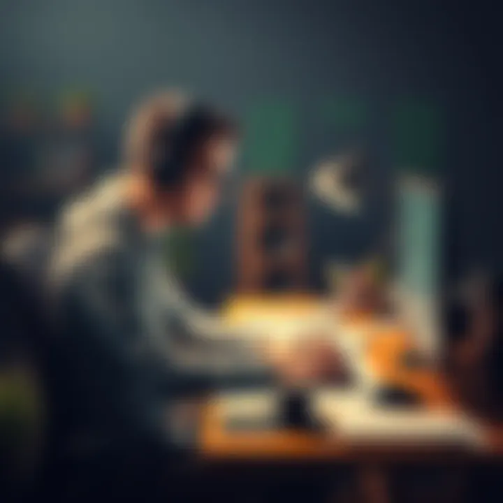 A determined game developer sits at a desk with sketches and a computer, focused on creating a game while pushing aside distractions.