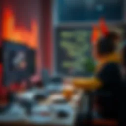 A game developer sitting at a desk, focused on coding while surrounded by notes and tutorial videos, symbolizing the balance between learning and creating.