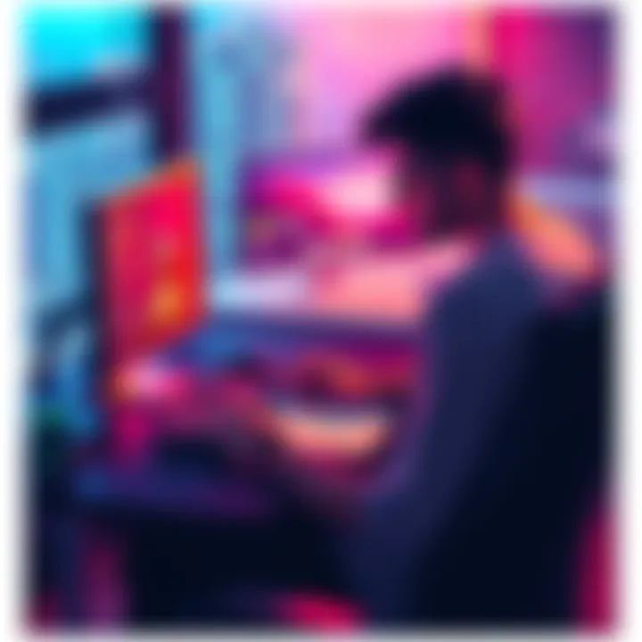 Person at a desk with a computer, sketching ideas for a game project while balancing a side job