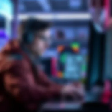 A game developer working on a computer, looking worried about AI reverse engineering while reviewing code and assets.