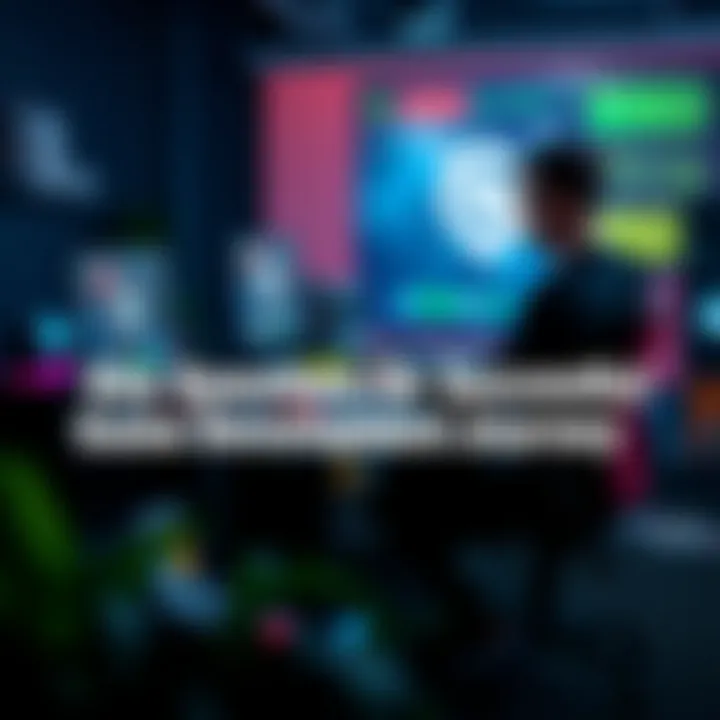 A game developer sitting at a desk with a laptop, taking notes and brainstorming key questions for their game project