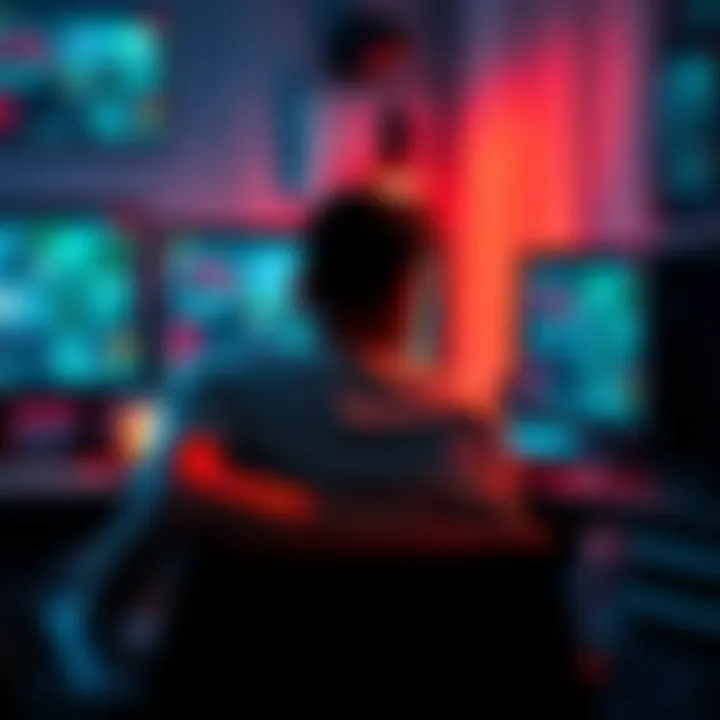 A game developer sitting at a desk, looking tired and stressed, surrounded by computer screens with game design elements.
