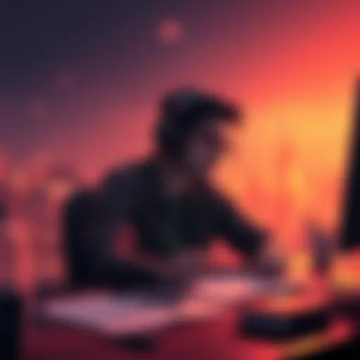 A game developer sitting at a desk with sketches and notes, looking thoughtful about past game project failures.