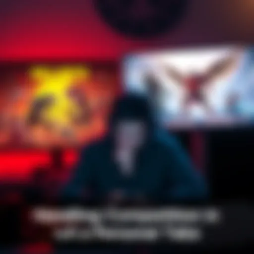 A game developer sitting at a desk, looking at two game posters, one representing their project and the other a rival game. They appear thoughtful and slightly emotional.