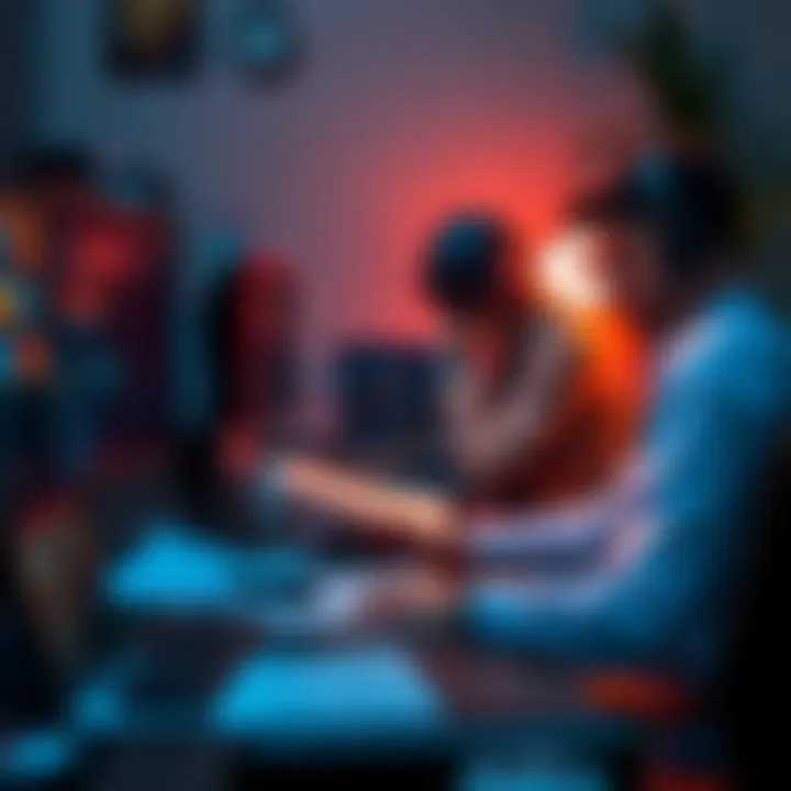 A developer sits at a computer, surrounded by game design sketches and notes, looking thoughtful and tired.