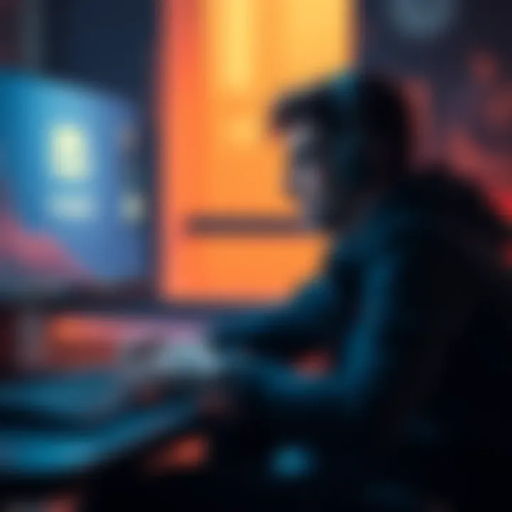 A solo game developer sitting at a desk, looking at a computer screen showing Discord, with a thoughtful expression, representing the decline of scammers in the gaming community.