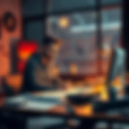 A new game developer at a desk, looking for advice from industry veterans with game design sketches and notes around them