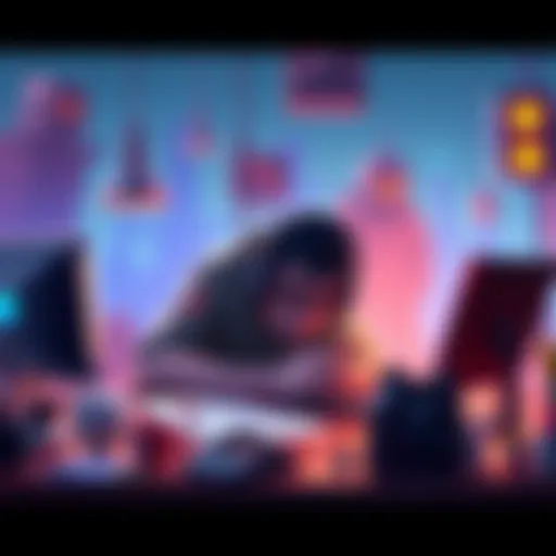 A game developer working on a colorful 2.5 platformer prototype with sketches and graphics, looking for a talented artist.