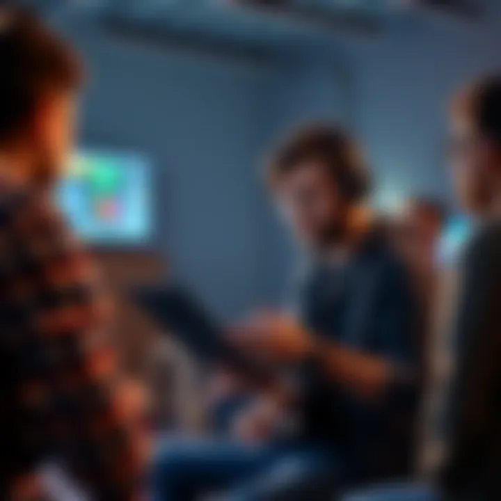 A game developer holds a laptop showcasing a game prototype to a small group for feedback, expressing ideas and concerns about timing their release.