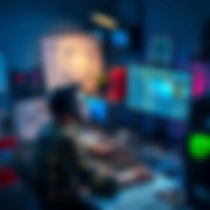 Game Developer Sharing Progress A part-time dad working on a game project at a desk, surrounded by design sketches and a computer screen showing game development software, contemplating when to share updates with the community.