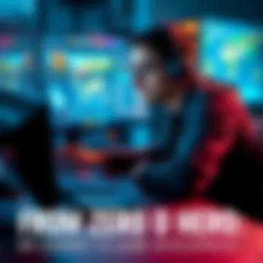 A person working on a computer screen filled with game design elements, displaying creativity and dedication in game development