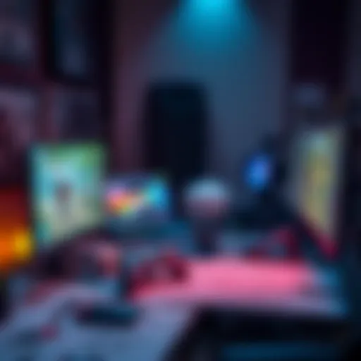 A game developer at their computer, working on a video game design, surrounded by sketches and artwork