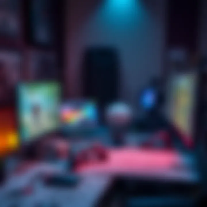 A game developer at their computer, working on a video game design, surrounded by sketches and artwork