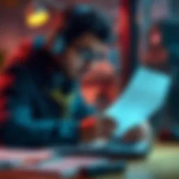 A game developer reviews a publishing contract with a thoughtful expression, surrounded by notes and a laptop.