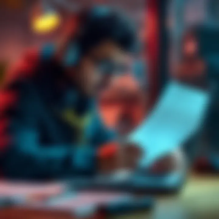 A game developer reviews a publishing contract with a thoughtful expression, surrounded by notes and a laptop.