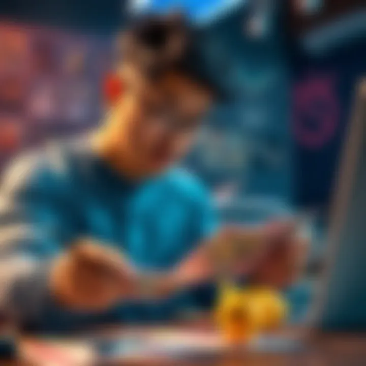 A game developer sketches card designs while considering ways to differentiate their game idea from Yu-Gi-Oh and Pokémon.