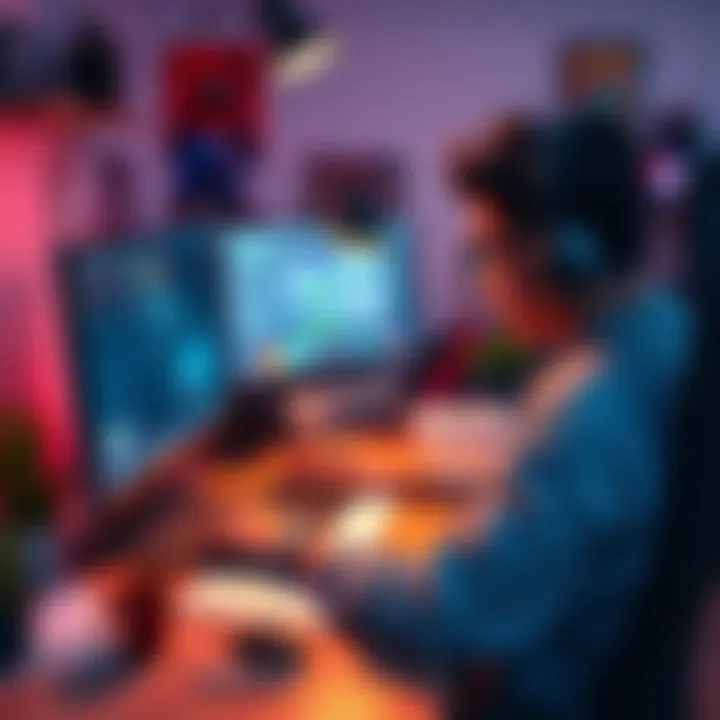 A developer focused on creating a simple game on their computer, showcasing a lively workspace with sketches and game design elements around them.