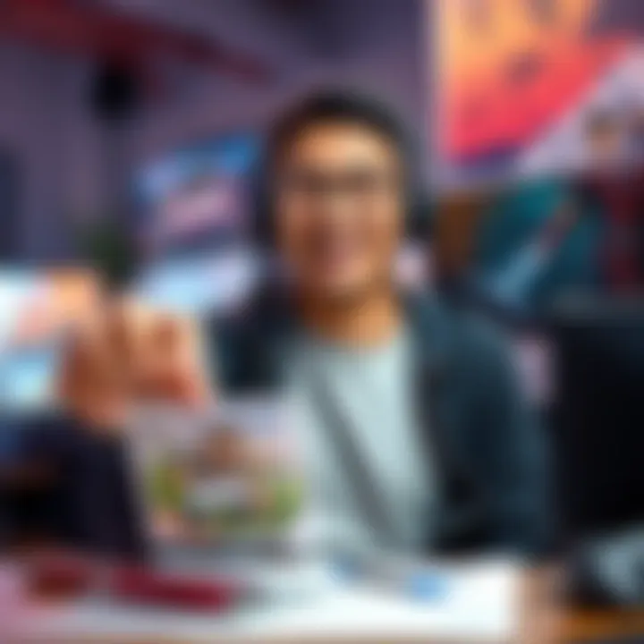 A happy game developer proudly displaying their game and smiling, surrounded by sketches and game art.