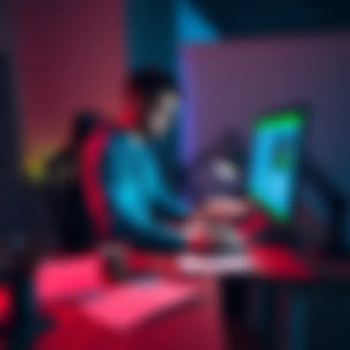 A game developer sitting at a desk with a computer, brainstorming ideas for their Steam page launch with notes and sketches around them.