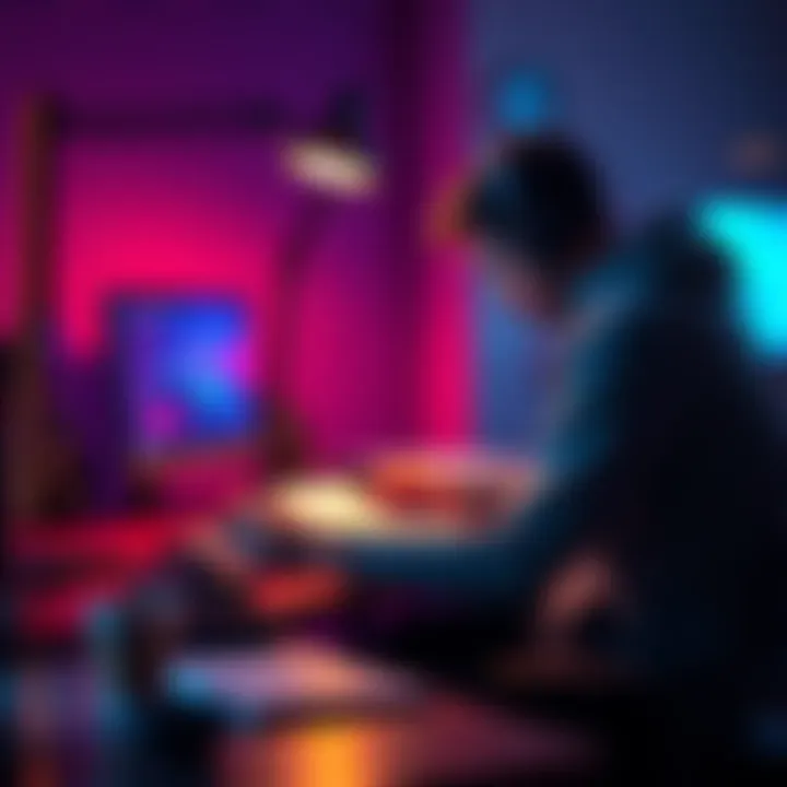 A game developer sitting at a desk, sketching out story ideas and game design concepts for an upcoming game project.