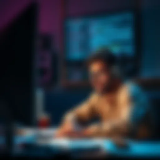 A game developer looking frustrated while coding, surrounded by notes and a computer screen showing programming errors.