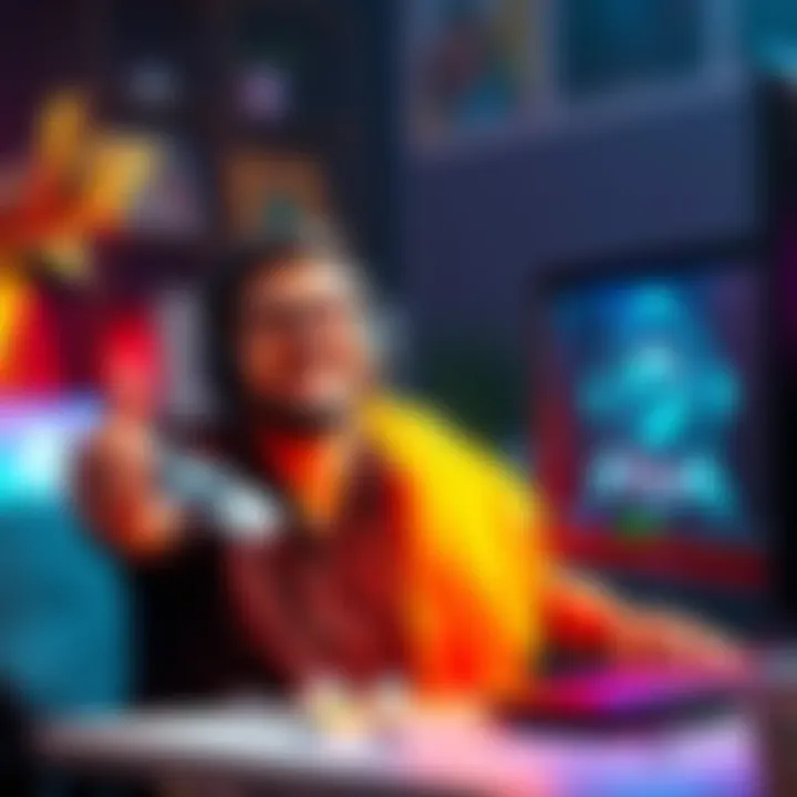 A game developer holds a trophy in one hand and a computer with their game on the screen in the other, smiling with satisfaction.