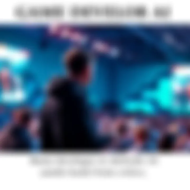 A game developer speaking confidently at a conference while facing a crowd of critics, showcasing their stance on AI in gaming