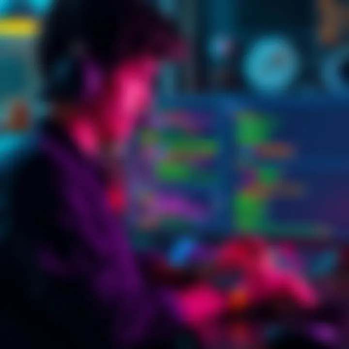 A game developer focusing on threading problems in FHttpmodule, analyzing code on a computer screen with HTTP requests and JSON data visible.